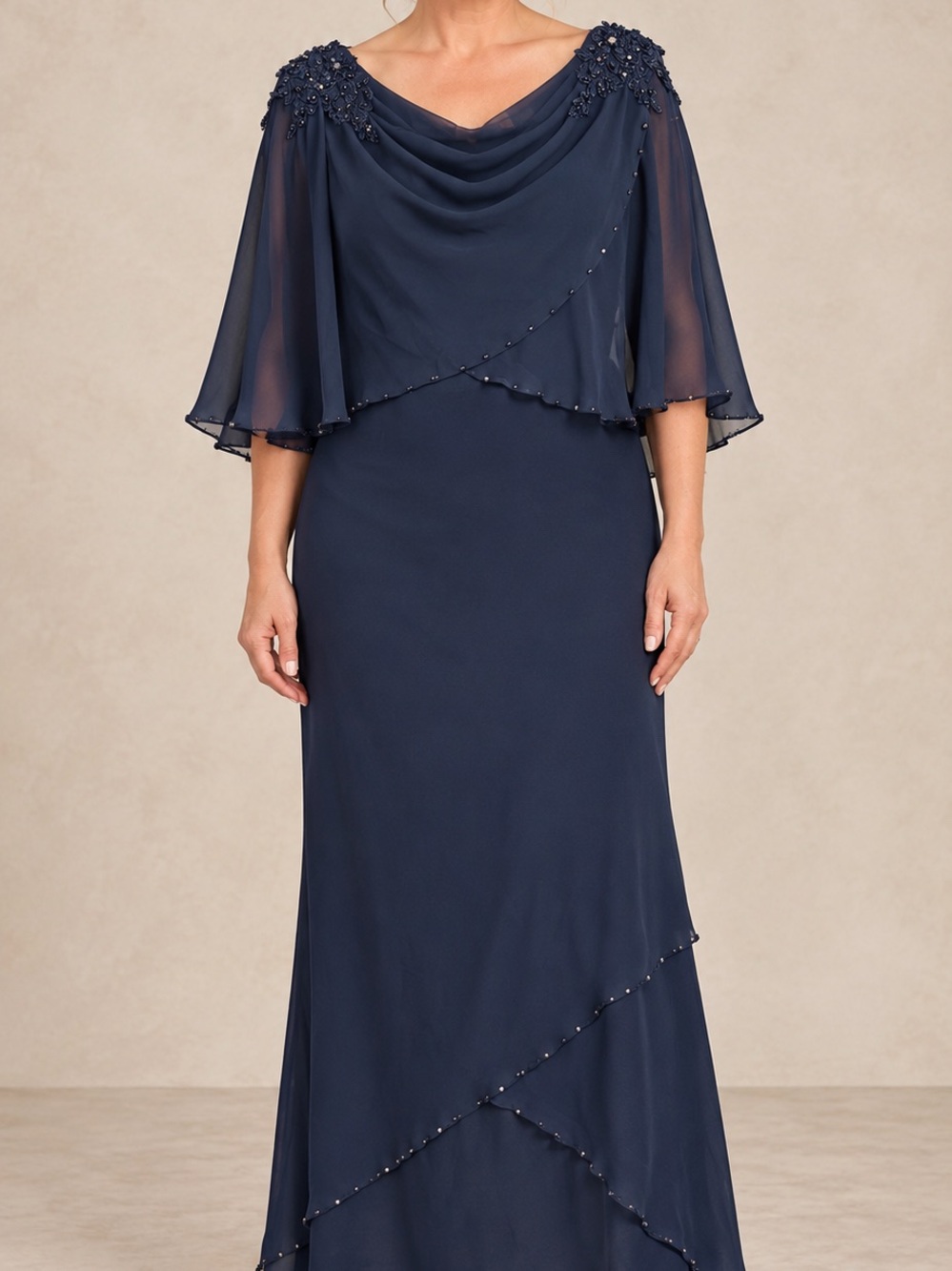 Elegant Navy Embellished Cape-Sleeve Evening Dress